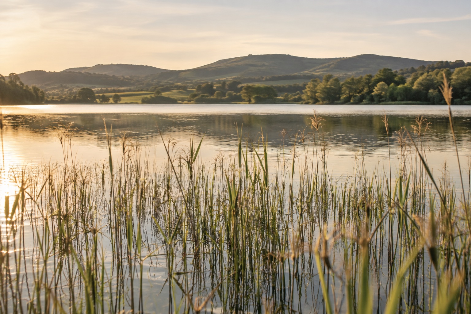 Sonnenlicht über einem ruhigen See, umgeben von Schilf und grünen Hügeln